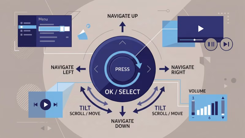 Samsung TV joystick control stick on rear panel with directional navigation guide