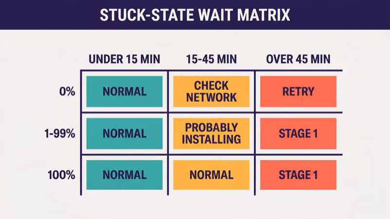 Matrix showing Samsung TV update state at zero percent one to ninety nine percent and one hundred percent paired with short medium and long wait durations and a verdict of normal suspicious or stuck for each combination