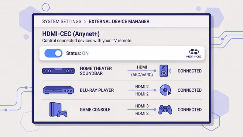 Samsung TV Anynet+ HDMI-CEC settings menu to disable auto power on