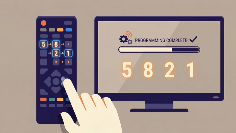 Universal remote displaying four digit code entry process for Samsung TV programming