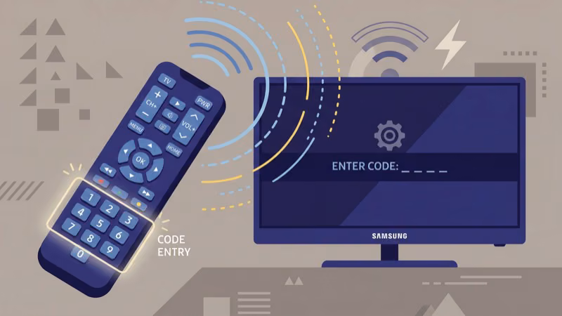 Hands programming a universal remote to control a Samsung smart TV using setup button