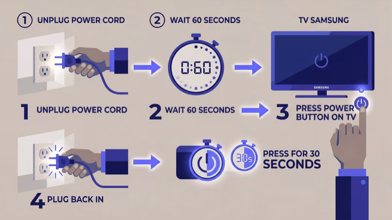 Samsung TV power cord being unplugged from wall outlet during 60-second reset