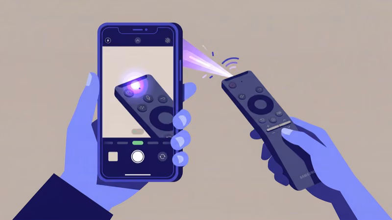 Phone camera screen showing purple IR flash from Samsung TV remote during signal test