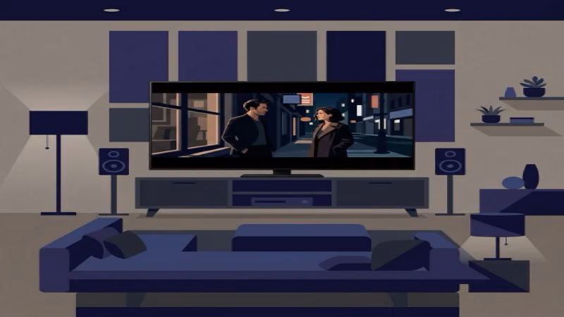 Panasonic OLED TV showing cinematic dark scene in a dedicated home theater room