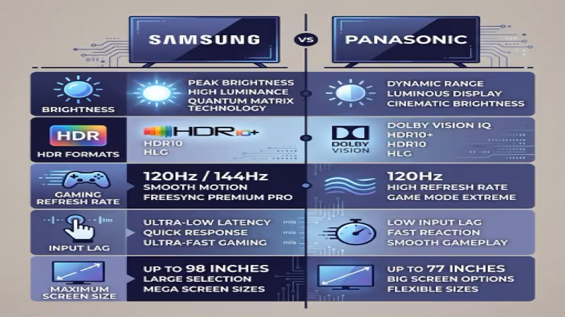 Samsung versus Panasonic TV specifications comparison chart with HDR and gaming details