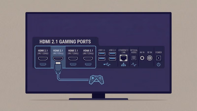 TV back panel HDMI 2.1 gaming ports and controller connection