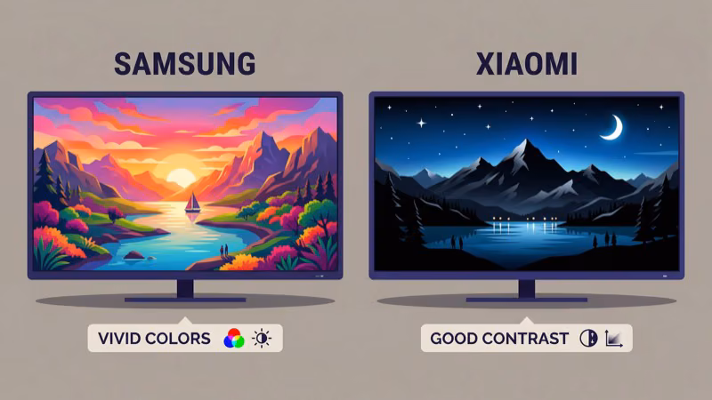 Samsung and Xiaomi TV screens showing picture quality comparison