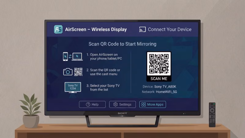 AirScreen app interface on Sony TV for wireless mirroring