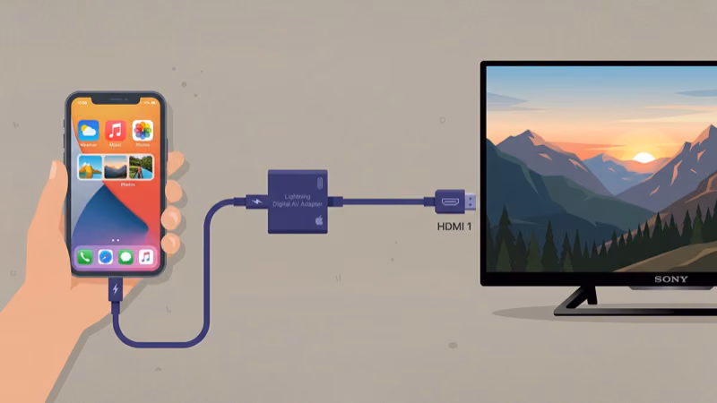 Lightning to HDMI adapter cable connecting iPhone to Sony TV
