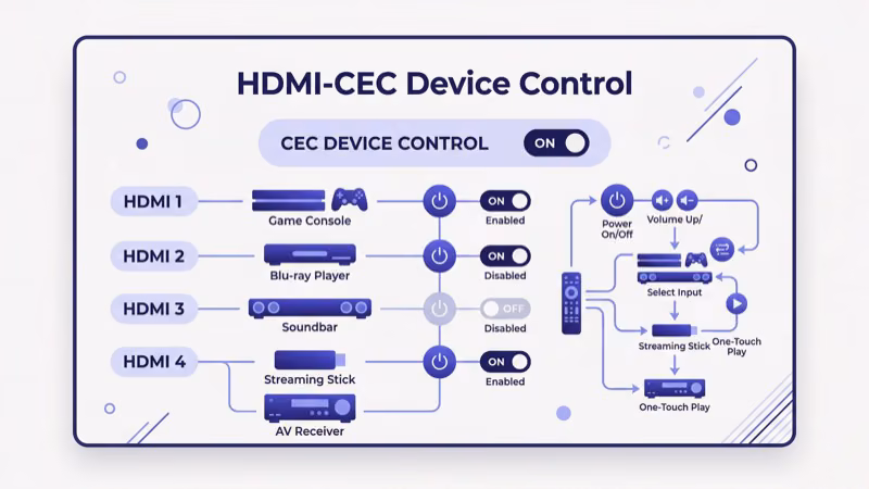 Smart TV HDMI-CEC settings menu enabling TV remote to control Apple TV