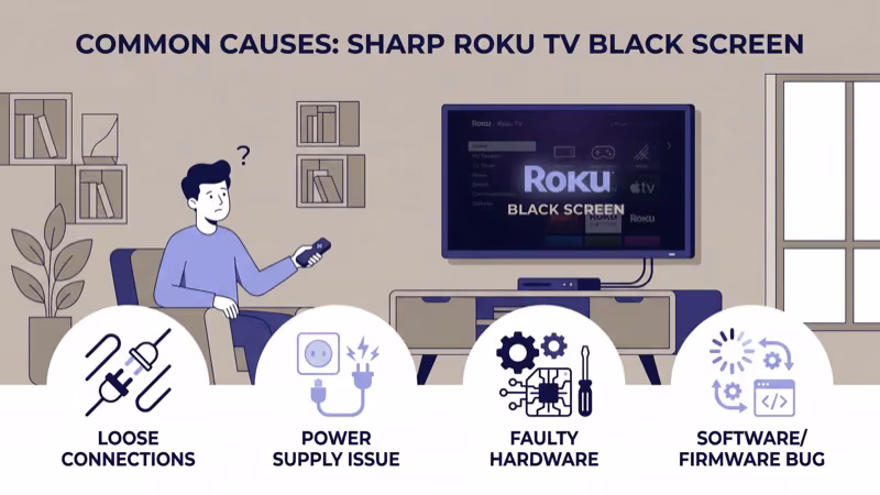 Sharp Roku TV showing black screen with power light on and loose cables