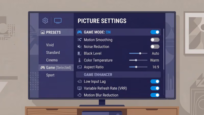 Sharp TV picture settings menu with game mode options