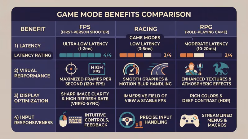 Game mode benefits compared across FPS racing and RPG genres