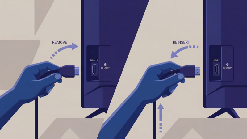 HDMI cable being firmly reconnected to Sharp TV port