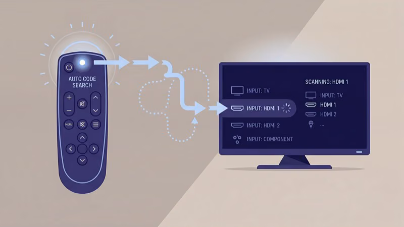 Universal remote in auto code search mode with scanning LED