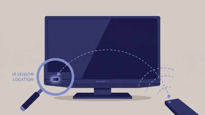 IR sensor location on Sharp TV bottom edge with signal beam path