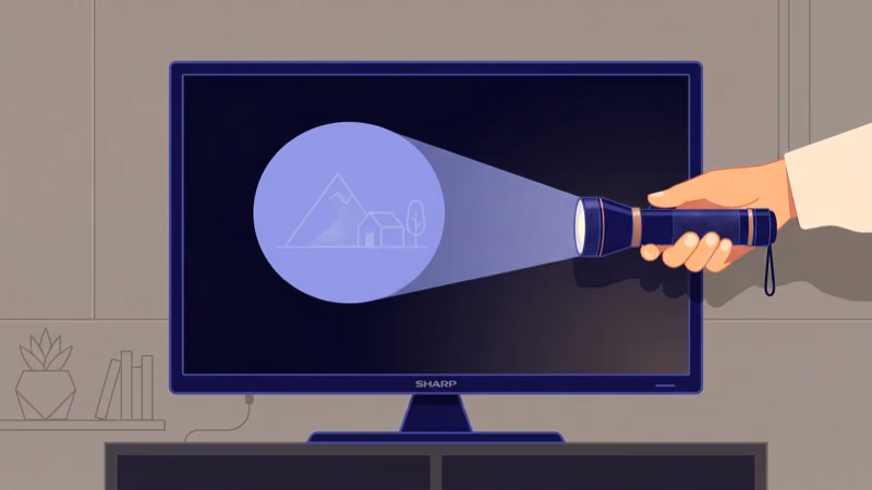 Flashlight test on Sharp TV revealing faint image on dark screen
