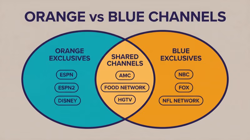 Two vertical plan cards showing Sling Orange on the left with the ESPN family icon grouping and Sling Blue on the right with the NBC FOX and NFL Network grouping plus a shared channels zone showing the overlap in AMC Discovery CNN Food Network and HGTV
