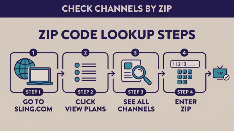 Four-step horizontal flow diagram showing go to sling.com click view plans click see all channels and enter zip with a TV icon at the end showing a personalized channel list