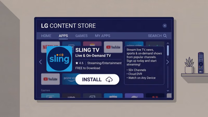 LG Content Store showing Sling TV app download and install