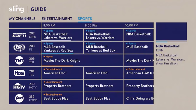 Sling TV live channel guide with sports and entertainment grid