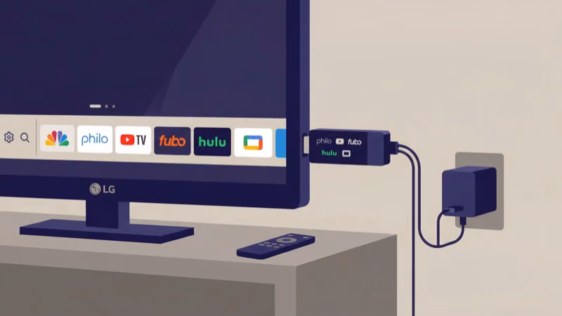 Streaming device plugged into LG TV HDMI port for Sling TV