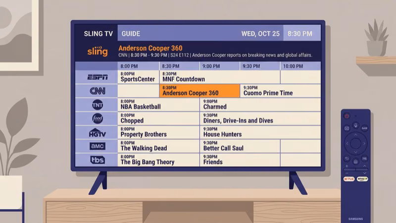 Sling TV channel guide grid with time slots on Samsung TV