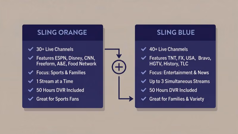 Sling TV Orange and Blue plan comparison with feature checkmarks