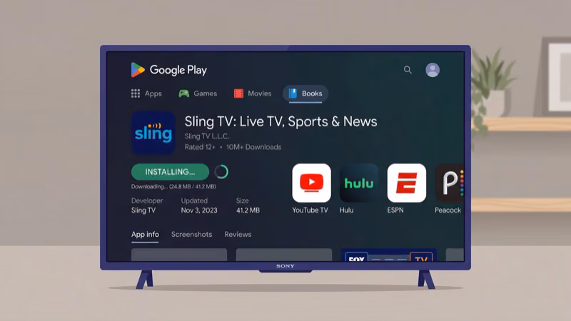 Sling TV app installation screen on Sony Smart TV Google Play Store