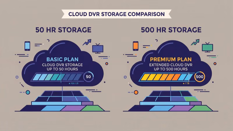 fuboTV unlimited DVR storage versus Sling TV fifty hour cap illustrated with storage icons
