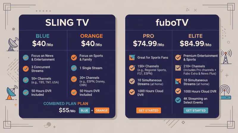 Sling TV and fuboTV monthly plan costs compared in a side by side pricing chart