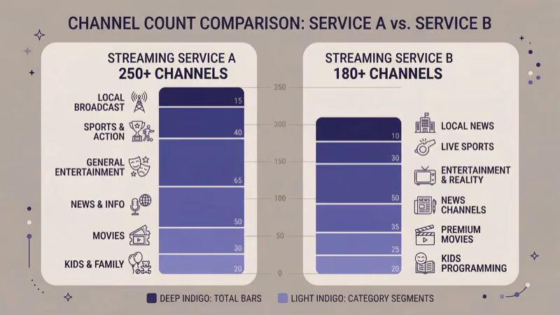 Channel count comparison bar chart Sling TV versus YouTube TV