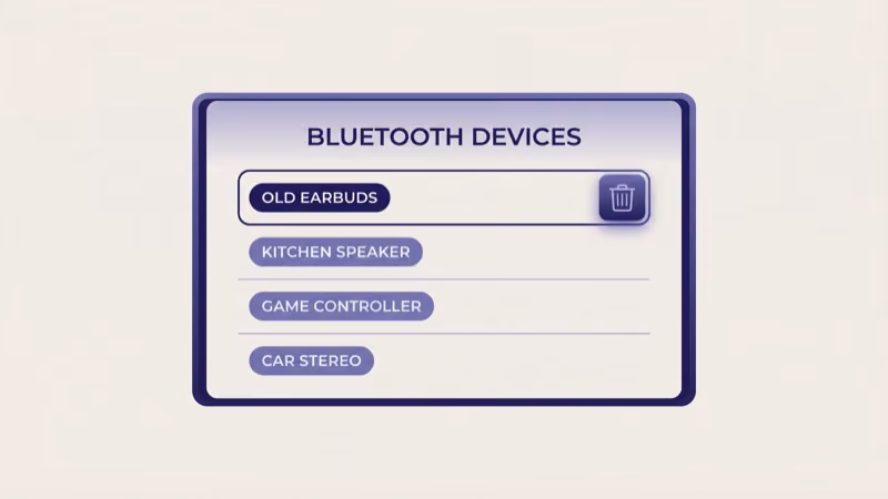 Smart TV paired devices menu with old earbuds highlighted and trash icon button