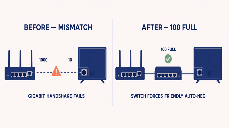 Before-and-after auto-negotiation: gigabit handshake fails on the left, a forced 100 Mbps full-duplex link through a switch works on the right