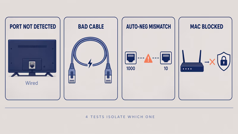 Four smart TV Ethernet root causes: port not detected, bad cable, auto-negotiation mismatch, MAC blocked