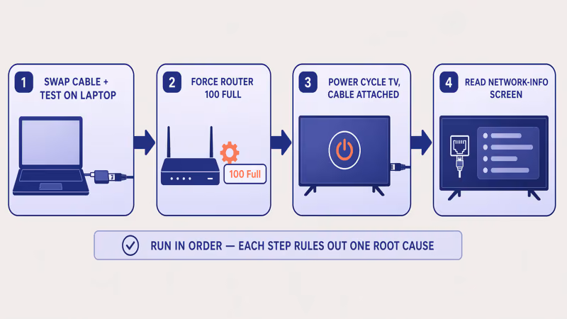 Four-step smart TV Ethernet isolation flow: swap cable, force router port, power-cycle TV, read network-info screen