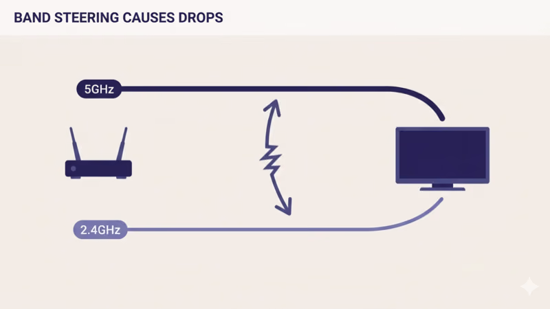 Band steering diagram: router with 5GHz and 2.4GHz arcs, TV pushed between bands mid-session by a glitched arrow
