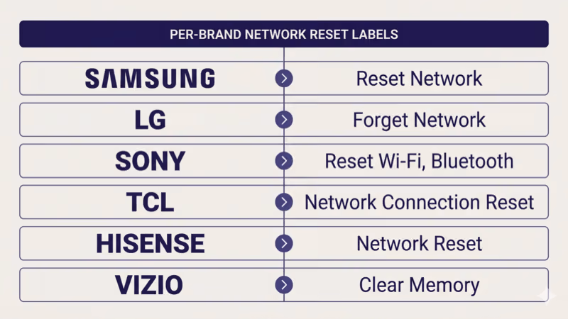 Per-brand network reset labels: Samsung Reset Network, LG Forget Network, Sony Reset Wi-Fi Bluetooth, TCL, Hisense, Vizio