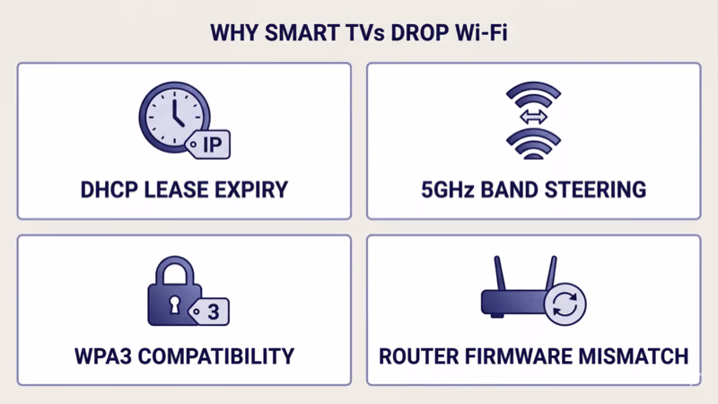 Four-cause grid: DHCP lease expiry, 5GHz band steering, WPA3 compatibility, ISP router firmware mismatch
