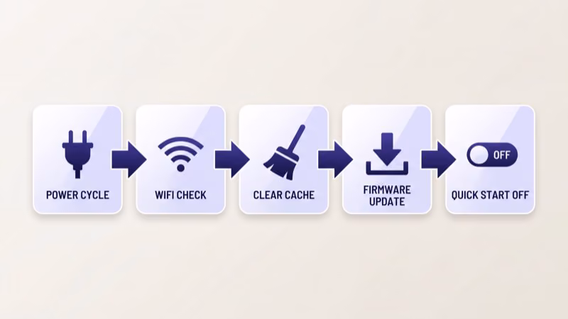 Universal smart TV fix sequence power cycle wifi check clear cache firmware update