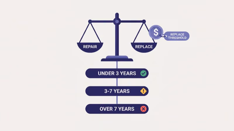 Smart TV repair vs replace decision balance scale with age tier color thresholds