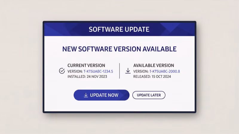 Samsung Smart TV firmware update screen showing software update now option