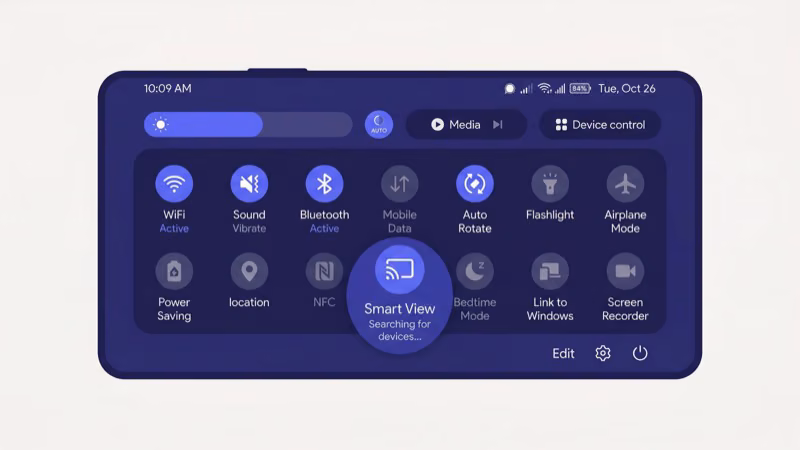Samsung Galaxy Quick Panel showing Smart View toggle to enable screen mirroring