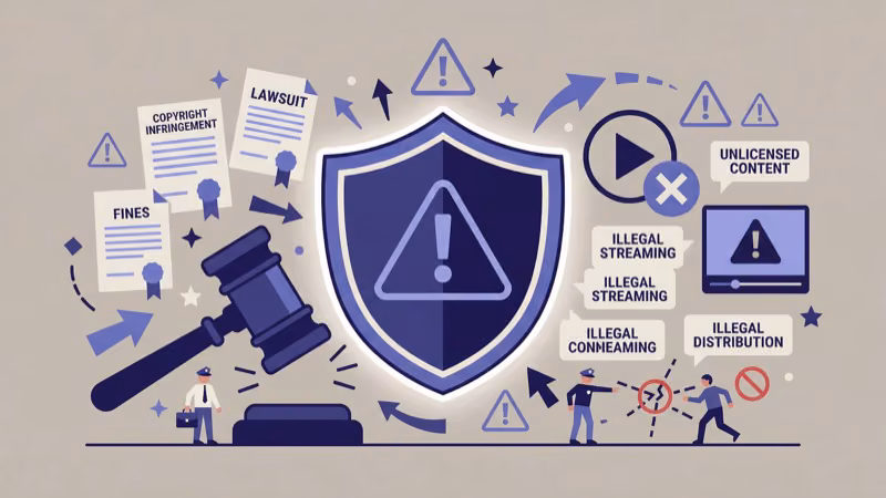 Warning shield and gavel showing legal risks of unofficial streaming