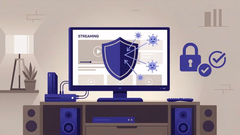 TV with shield blocking malware from unsafe streaming sites
