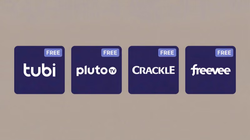 Legal free streaming apps Tubi Pluto TV Crackle and Freevee cards