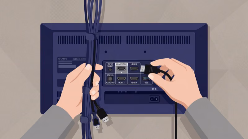 Hands inspecting HDMI cable connections on Sony TV back panel