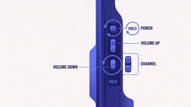 Sony BRAVIA TV back panel showing power and volume down buttons for factory reset procedure