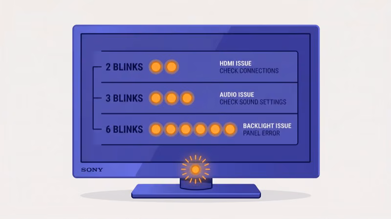 Sony TV standby LED blinking pattern diagram showing 2 4 6 and 8 blink fault codes
