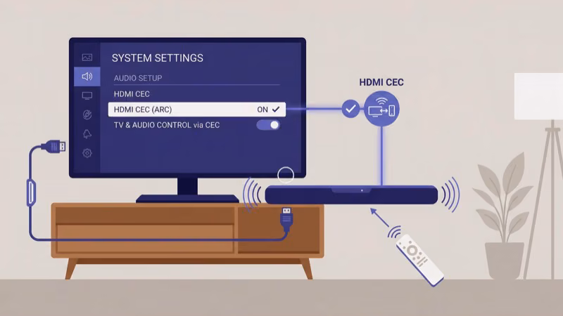 HDMI CEC settings menu enabling soundbar control without infrared remote